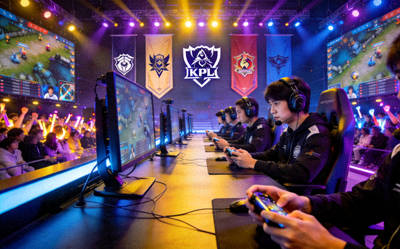 王者荣耀职业联赛KPL比赛现场，选手在舞台上对战